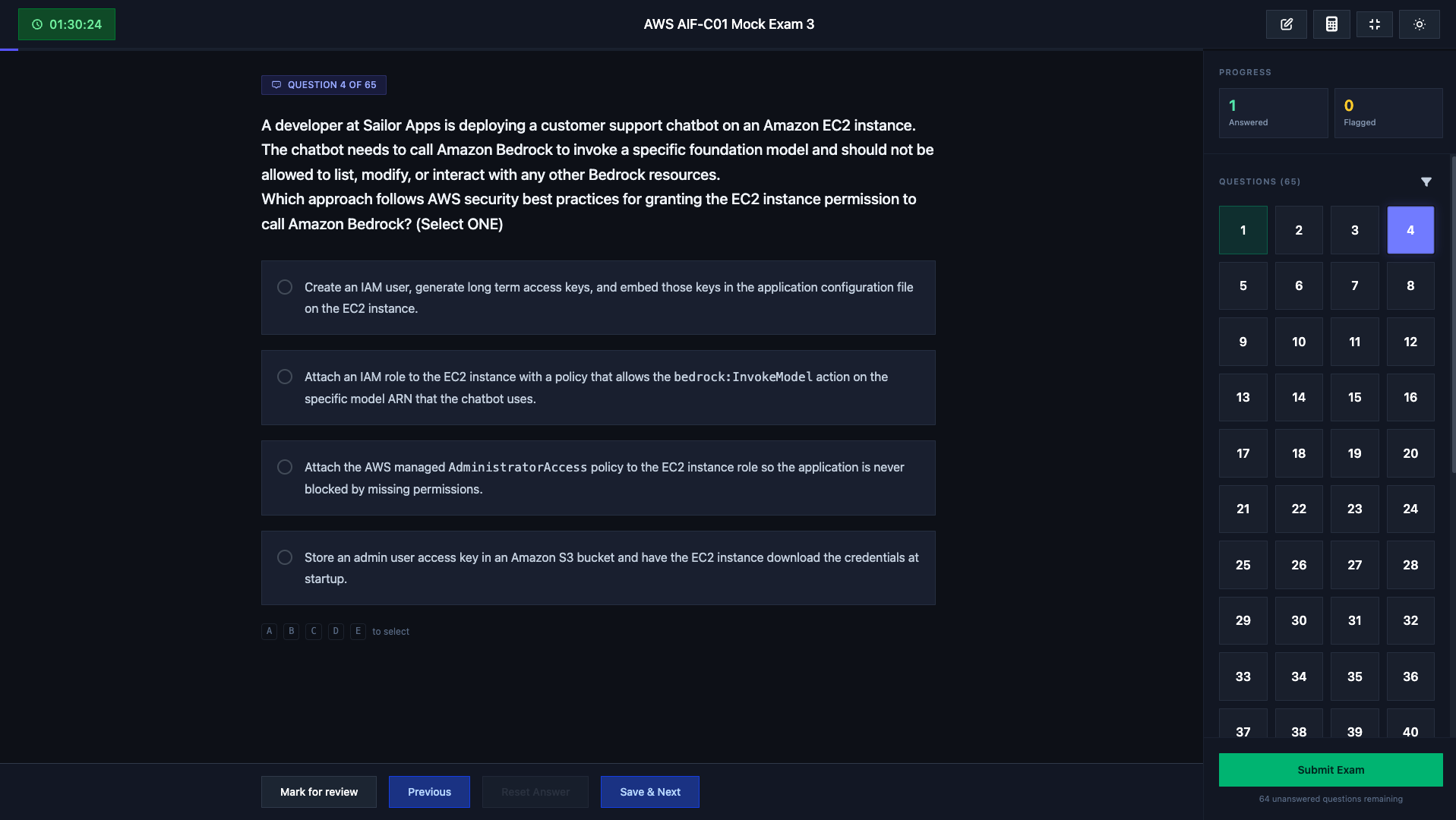 Realistic timed exam interface with question navigator